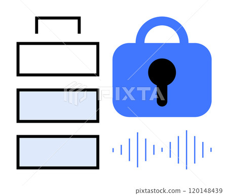 Battery icon, padlock, and signal waves represent energy storage, data security, and communication. Ideal for tech, security, data management, communication, and energy. Simplistic vector style Battery icon, padlock, and signal waves represent energy storage, data security, and communication. Ideal for tech, security, data management, communication, and energy. Simplistic vector style 120148439