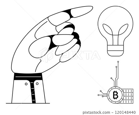 A robotic hand pointing upward, a light bulb symbolizing ideas, and a cryptocurrency symbol suggest innovation and technology. Ideal for technology, innovation, cryptocurrency, robotics, and modern A robotic hand pointing upward, a light bulb symbolizing ideas, and a cryptocurrency symbol suggest innovation and technology. Ideal for technology, innovation, cryptocurrency, robotics, and modern 120148440