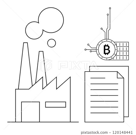 A factory building with chimneys, a Bitcoin symbol with circuit lines, and a document with lines. Ideal for finance, technology, digital currency, blockchain, and industrial themes. Simple line art A factory building with chimneys, a Bitcoin symbol with circuit lines, and a document with lines. Ideal for finance, technology, digital currency, blockchain, and industrial themes. Simple line art 120148441