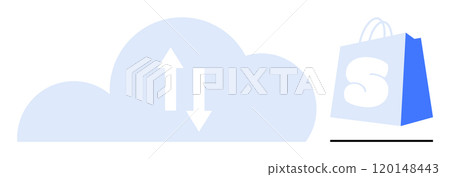 Blue cloud with up and down arrows next to a blue and white shopping bag with an S on it. Ideal for cloud storage, online shopping, e-commerce, file transfer, digital services. Simple vector style Blue cloud with up and down arrows next to a blue and white shopping bag with an S on it. Ideal for cloud storage, online shopping, e-commerce, file transfer, digital services. Simple vector style 120148443