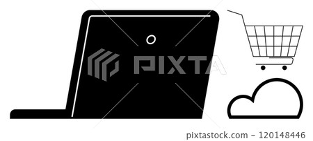 Silhouette of a laptop with a shopping cart on a cloud. Ideal for e-commerce online shopping digital marketing cloud computing and internet services. Simple minimalist style 120148446