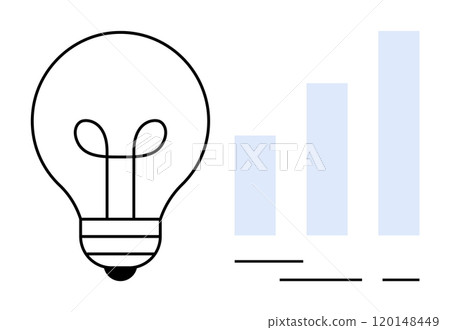 Clear light bulb next to three ascending bar graphs. Ideal for business ideas, innovation, growth strategies, productivity analysis, and performance evaluations. Minimalist style Clear light bulb next to three ascending bar graphs. Ideal for business ideas, innovation, growth strategies, productivity analysis, and performance evaluations. Minimalist style 120148449
