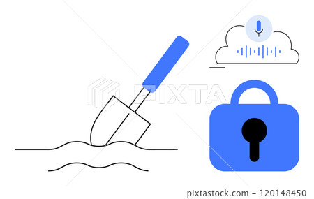 A simple shovel in the ground, a cloud with a microphone and audio wave symbol, and a blue padlock. Ideal for cybersecurity, data management, digital protection, online privacy, and audio recording A simple shovel in the ground, a cloud with a microphone and audio wave symbol, and a blue padlock. Ideal for cybersecurity, data management, digital protection, online privacy, and audio recording 120148450