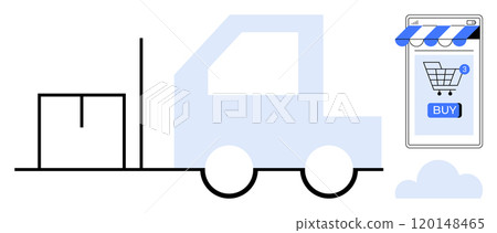 Truck next to a smartphone showing a shopping cart and BUY button. Combines concepts of e-commerce, delivery, and online shopping. Ideal for e-commerce, logistics, delivery services, online retail Truck next to a smartphone showing a shopping cart and BUY button. Combines concepts of e-commerce, delivery, and online shopping. Ideal for e-commerce, logistics, delivery services, online retail 120148465