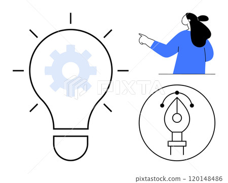 Person pointing, lightbulb with gear symbol, design pen tool in round border. Ideal for creativity, innovation, technology, design, inspiration. Simple modern style 120148486