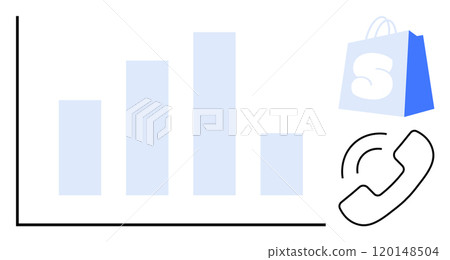 A bar graph with four vertical bars in varying heights. On the right, a blue shopping bag and a phone receiver icon. Ideal for business, shopping, statistics, communication, presentations. Simple A bar graph with four vertical bars in varying heights. On the right, a blue shopping bag and a phone receiver icon. Ideal for business, shopping, statistics, communication, presentations. Simple 120148504