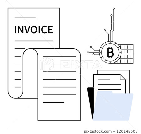 Documents include an invoice, a Bitcoin symbol with circuits, and additional papers in a folder. Ideal for digital payments, cryptocurrency transactions, invoicing, financial technology 120148505
