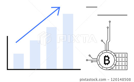 Increasing bar graph with an upward arrow. Bitcoin symbol connected with technology-like lines. Ideal for financial growth, cryptocurrency trends, blockchain technology, investment strategies 120148508