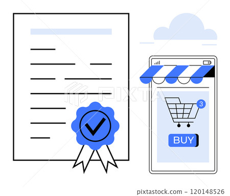 A certification document with a blue seal beside a mobile phone displaying an online shop with a shopping cart and buy button. Ideal for e-commerce, online certification, secure transactions, digital 120148526