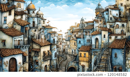 Charming mediterranean village: a whimsical tale of stone and sky 120148582