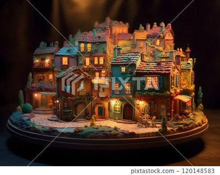Charming miniature village: enchanting nightscape illuminated by warm glow 120148583
