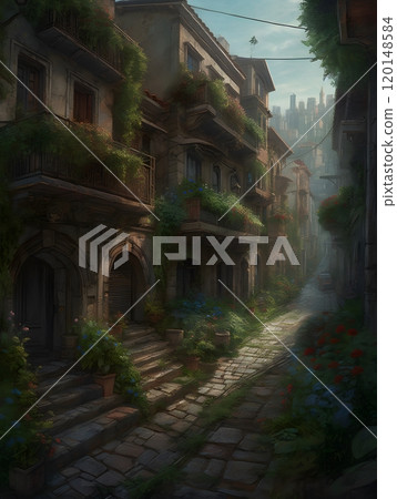 Charming old european alley with lush greenery and rustic architecture 120148584