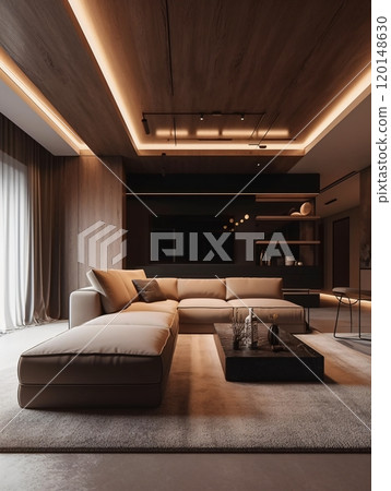Modern luxury living room with minimalist design and ambient lighting 120148630