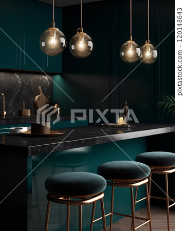 Modern luxurious kitchen with teal cabinets and marble accents 120148643