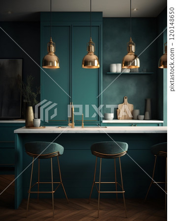Modern kitchen with teal cabinets and gold accents in contemporary home design 120148650