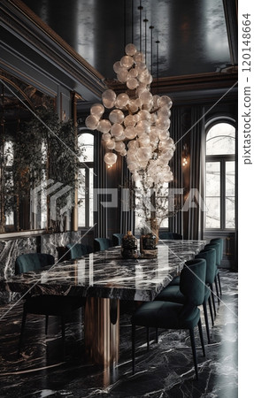 Luxurious marble dining room with modern chandelier and velvet seating 120148664