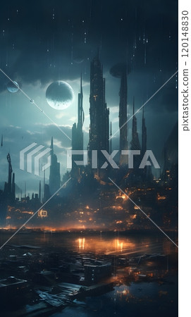 Futuristic cityscape at night: neon lights and surreal 120148830