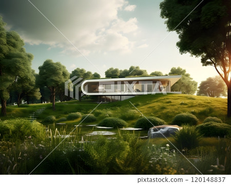 Futuristic eco home nestled in scenic landscape with modern architecture and curved design 120148837