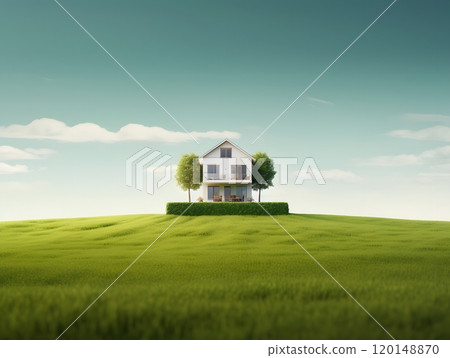 Isolated modern house amidst tranquil green landscape under clear blue sky 120148870