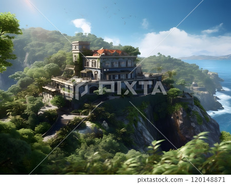Luxurious cliffside mansion overlooking ocean with lush greenery and blue skies 120148871