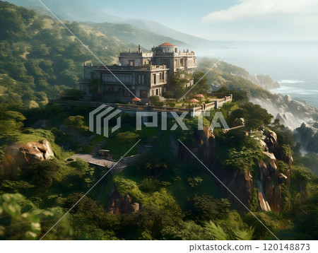 Luxurious oceanfront mansion on cliffside in lush tropical landscape at sunrise 120148873