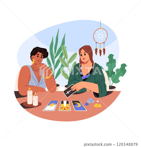 Tarologist woman with cards. Vector tarot woman Tarologist woman with cards. Vector tarot woman 120148879