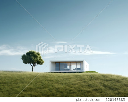 Minimalist modern house in lush green landscape with isolated tree and clear sky 120148885