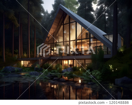 Modern a-frame cabin amidst tranquil forest by a reflective lake 120148886