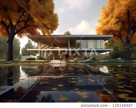 Modern architectural masterpiece with autumn landscape by a tranquil lake 120148887