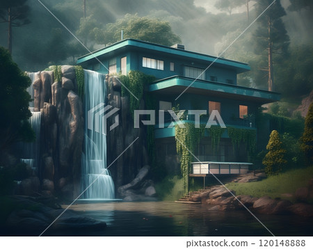 Modern architectural masterpiece with waterfall in lush forest setting 120148888