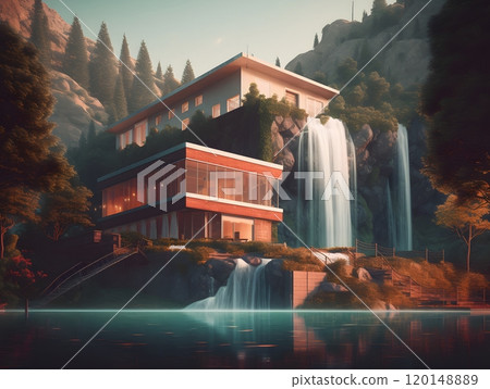 Modern architecture amidst waterfalls and mountains in a tranquil forest setting 120148889