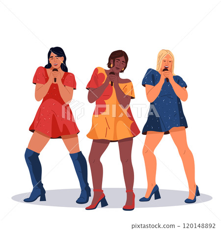 Pop band girls trio singing. Vector band or group 120148892