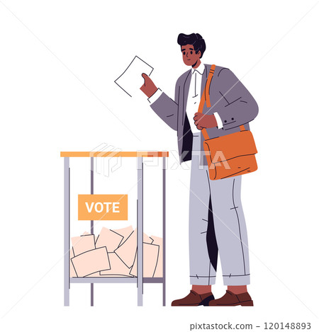 Man casts vote at ballot box. Vector voting 120148893