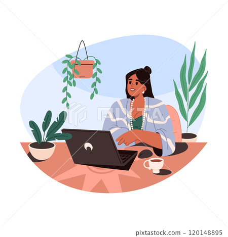 Woman at laptop working from home. Vector work Woman at laptop working from home. Vector work 120148895
