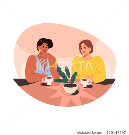 Women drink coffee at cafe meeting. Vector woman 120148897