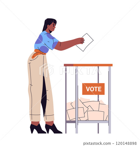 Woman throw bulletin at ballot box. Vector voting Woman throw bulletin at ballot box. Vector voting 120148898