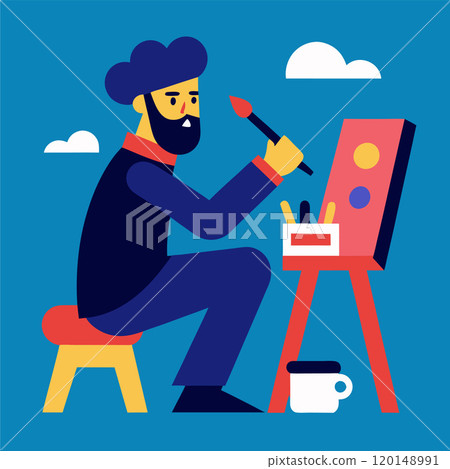 Bearded man painting on canvas, clouds cup sky saucer 120148991