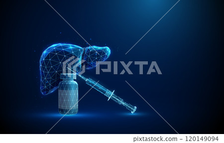 Bottle and syringe in front of red futuristic human liver. Liver diseases, medical treatment and pharmacy concept. Low poly neon style. 120149094