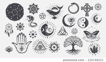 Symbols commonly associated magic mysticism snake whale lotus flower yin-yang symbol 120149221