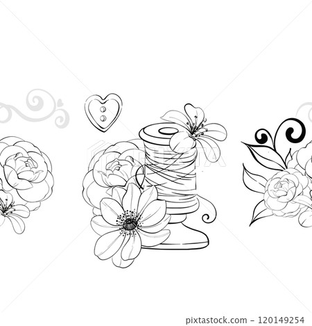 Vintage spool of thread with romantic flower and buttons, pins. Sewing tools seamless background, pattern for printing, fabric, decor. Graphic vector line, hand drawn, black silhouette 120149254