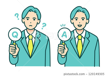 A man in a suit. Vector illustration of a teacher holding a Q&A card. 120149305