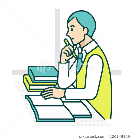 一名高中生打開筆記本思考。一個男孩在書桌前學習的向量插圖。 120149309