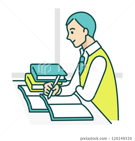Class scene. Vector illustration of a student opening a textbook and solving a problem. 120149310