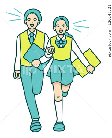 穿著校服的男男女女臉上都帶著微笑衝刺。青少年的簡單向量插畫素材。 120149321