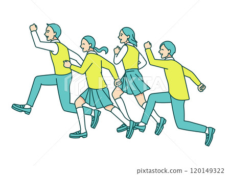 四個年輕人邊跑邊跳。接近高中生的簡單向量插畫素材。 120149322