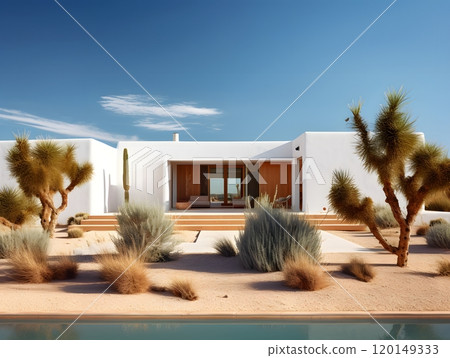 Modern desert oasis home with succulents and clear blue sky 120149333