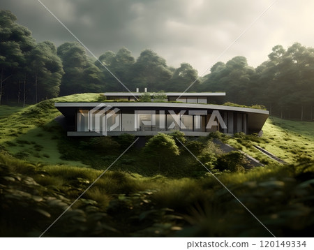 Modern eco-friendly home in lush forest setting with sustainable architecture design 120149334