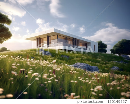 Modern eco-friendly house on scenic meadow with blue sky and clouds Modern eco-friendly house on scenic meadow with blue sky and clouds 120149337