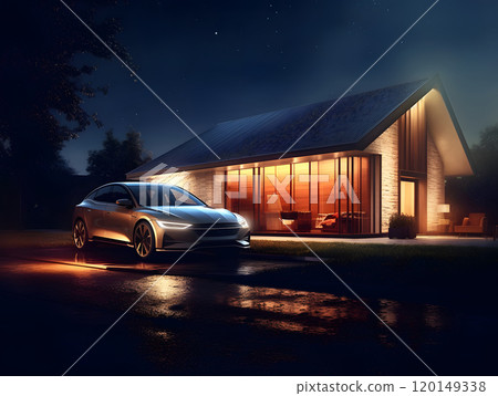 Modern electric car outside elegant eco-friendly house at night 120149338