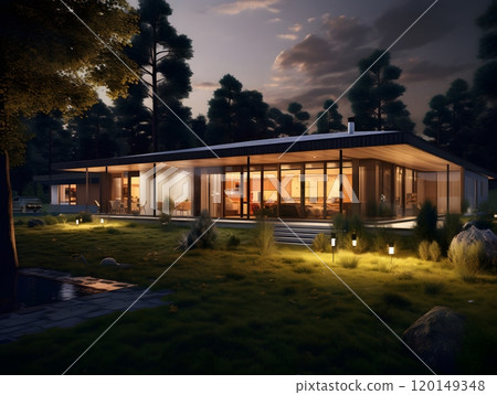 Modern glass house at dusk in forest setting with ambient lighting 120149348